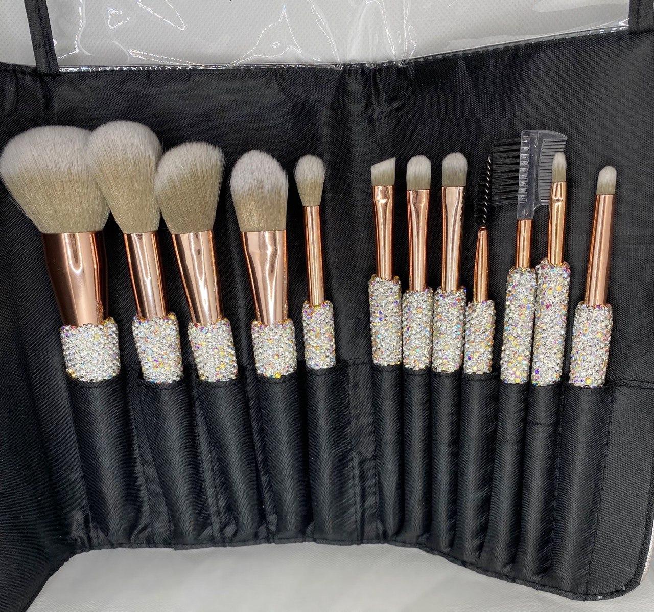 Diamond/crystal bedazzled makeup brushes, holder, and travel case.